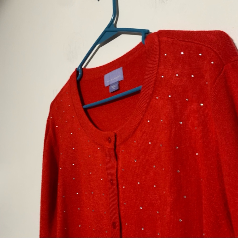 Laura Scott Red Sweater Large long-sleeve button-front cardigan with rhinestones